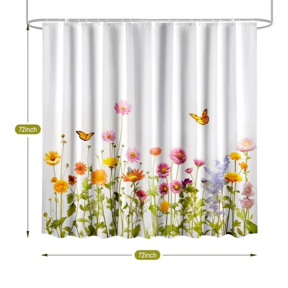 Floral Shower Curtain with Butterflies - White and Multicolor